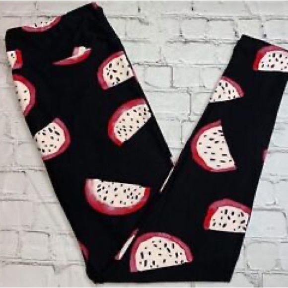 LuLaRoe Black Leggings with Pink and White Fruit Design T/C - Picture 1 of 6